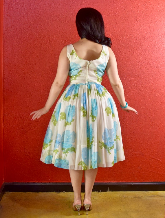 1950s Dress Chiffon Aqua Poppy Fit and Flare - image 5