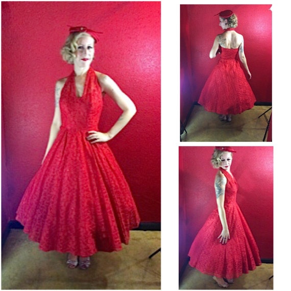 1950s Dress Red Lace Halter Neck Holiday Pinup Sm… - image 9