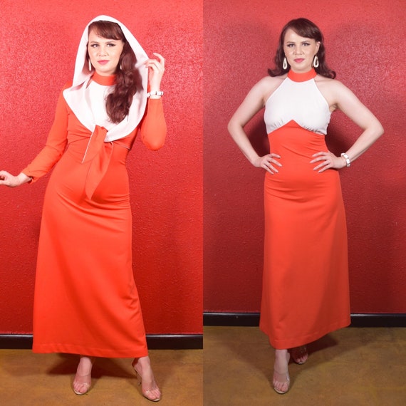 1970s Red Orange & White Dress and Hooded Bolero