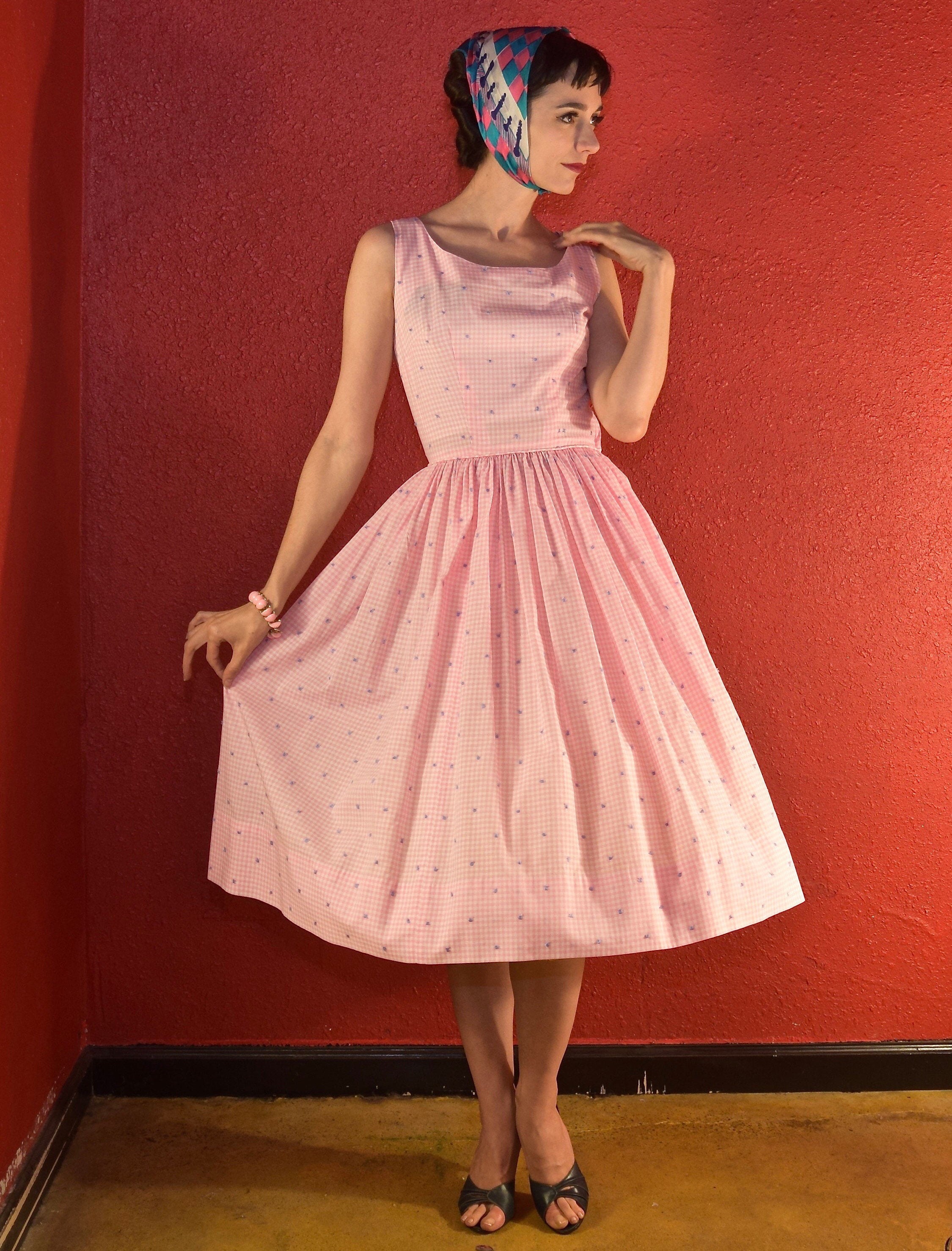 1950s Pink Gingham Dress Cotton Fit ...