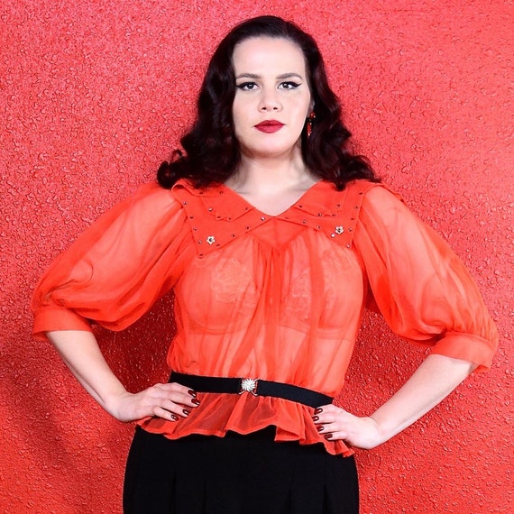 1950s Red Sheer Nylon Blouse