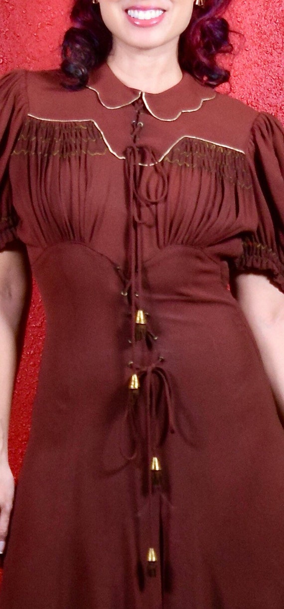 1930s Brown Crepe Corset Lace Dress - image 10