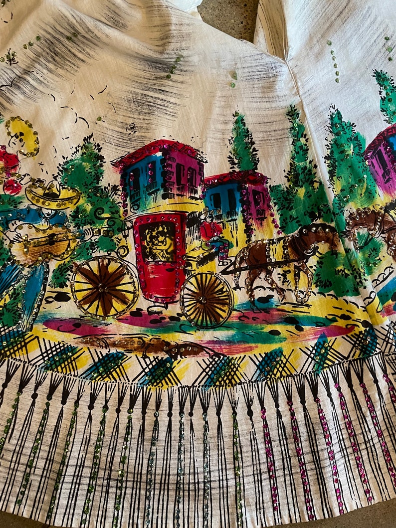 1950s Scenic Mexican Sequined Hand Painted Circle Skirt image 4