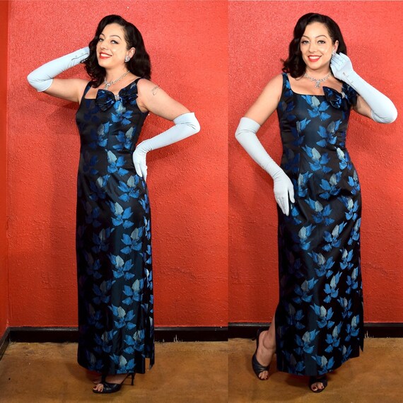 1950s 60s Blue Brocade Evening Gown