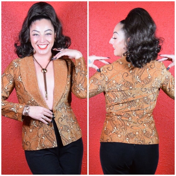 1970s Shaheen Metallic Peacock Print Jacket - image 1