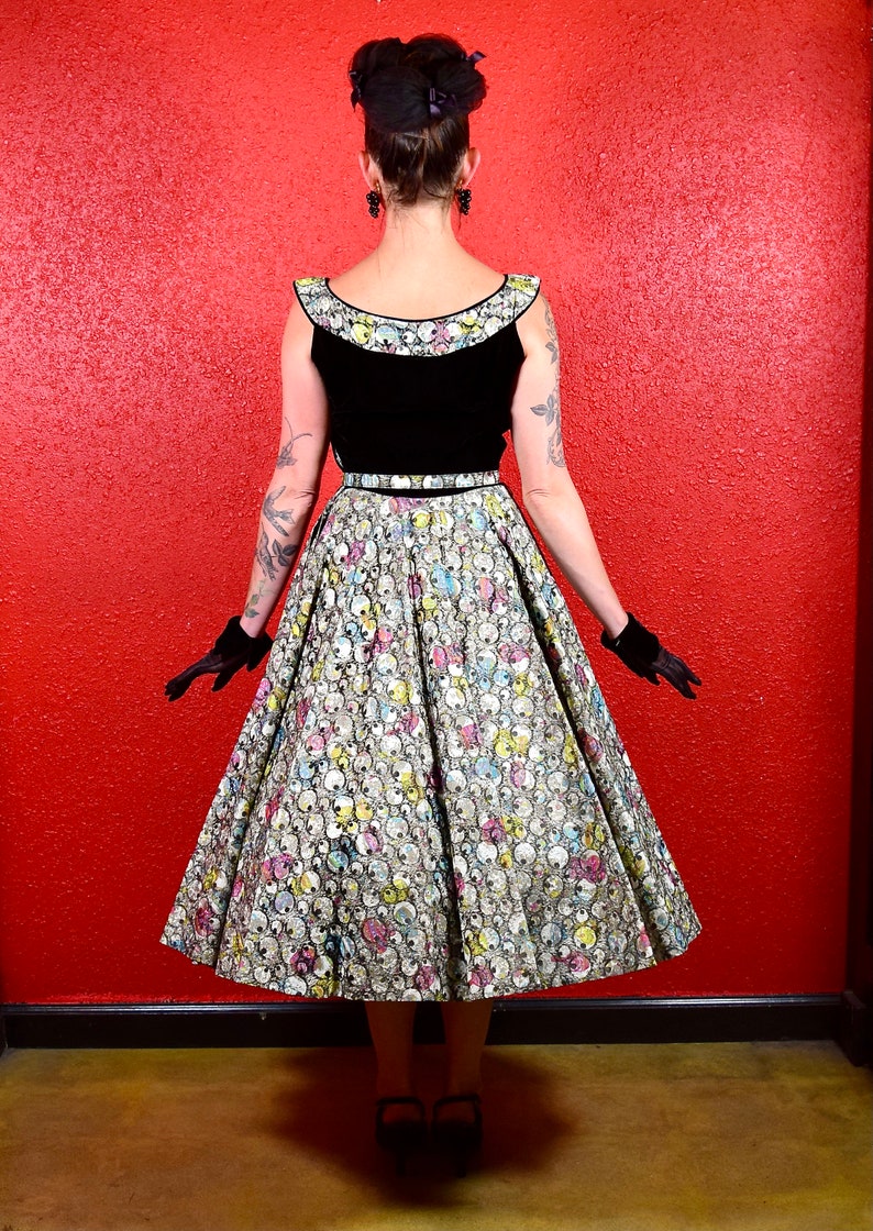 1950s Multicolor Velvet & Paper Taffeta Print Circle Dress image 6