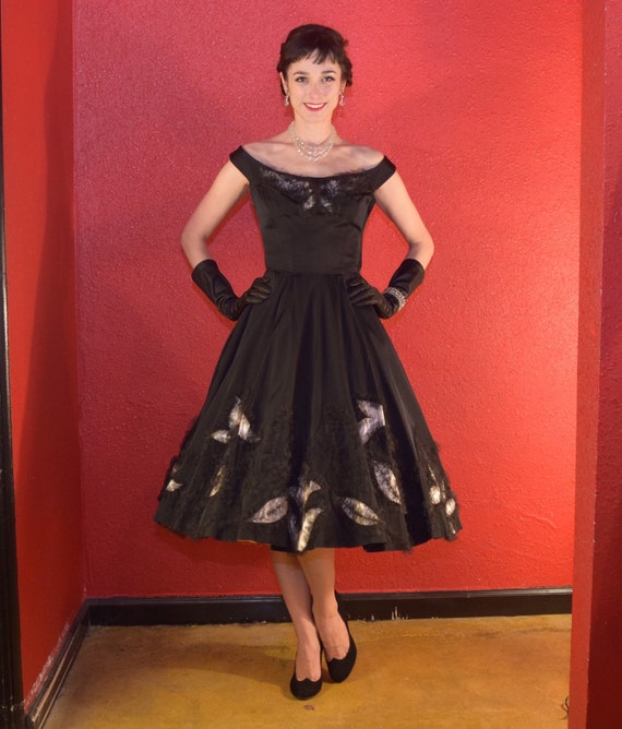 1950s Dress Black Faille Fit and Flare XS