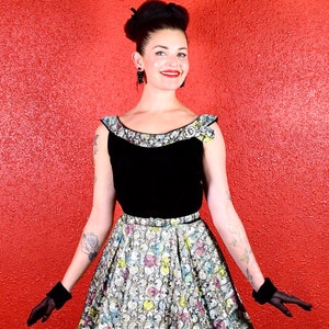 1950s Multicolor Velvet & Paper Taffeta Print Circle Dress image 9