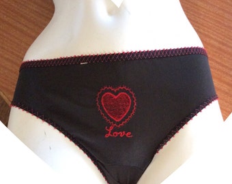 1960s Black Nylon Panties Embroidered Love
