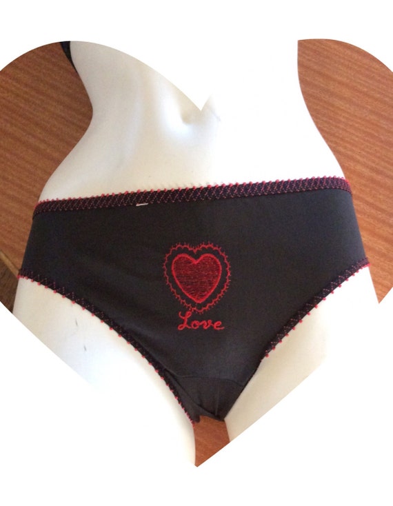 1960s Black Nylon Panties Embroidered Love - image 1