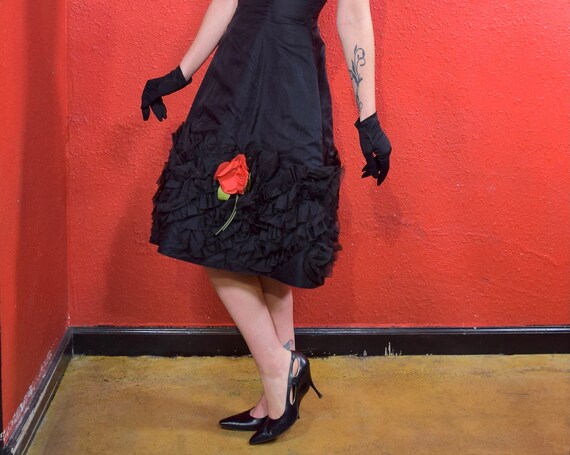 Black A Line Rose Floral 1950s Dress with Half Sleeves