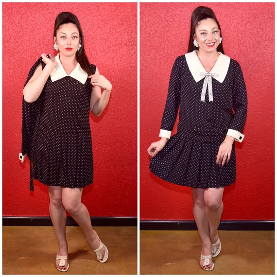1960s Polka Dot Two Piece Crepe Mini Dress & Jacke