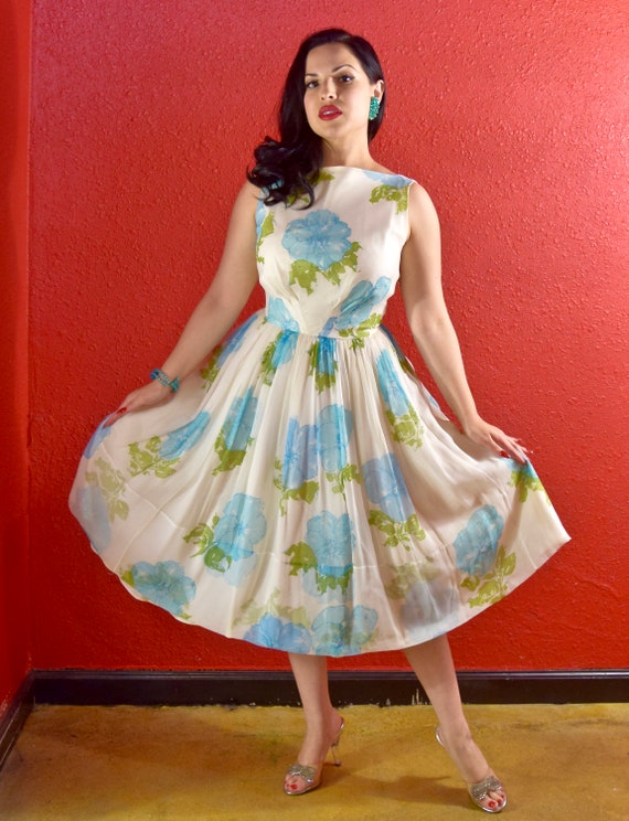 1950s Dress Chiffon Aqua Poppy Fit and Flare - image 1