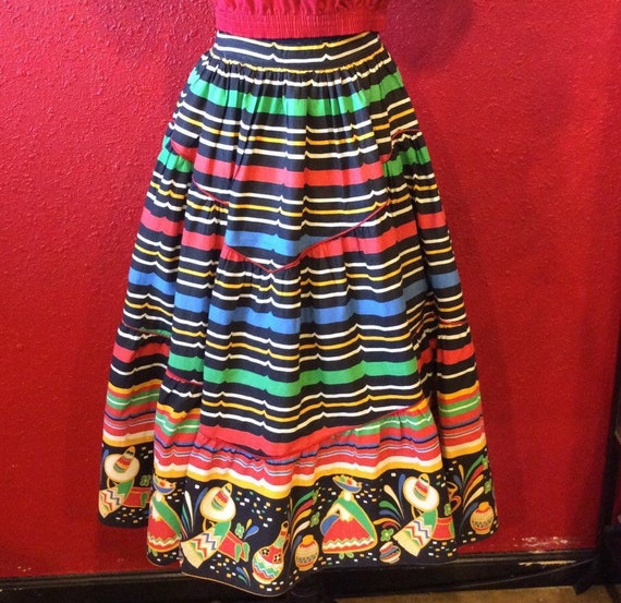 1950s Mexican Border Print Skirt Tiered Full Novel