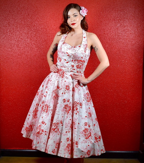 1950s Halter neck Rose Print Circle Dress - image 1