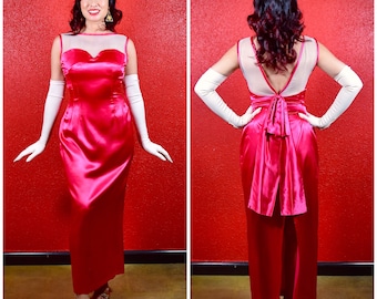 50s Style Fuchsia 1970s Gown Illusion Neckline Jessica Rabbit Bombshell Dress