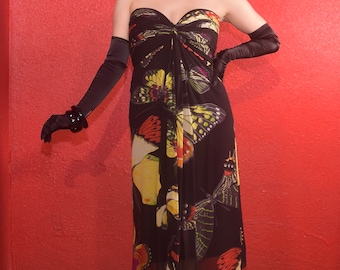 Vintage Tadashi Butterfly Print Chiffon Gown Strapless
