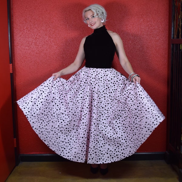 Sale 1980s does 50s Pink Lady Polka Dot Dress Pink & Black Circle skirt AJ Bari