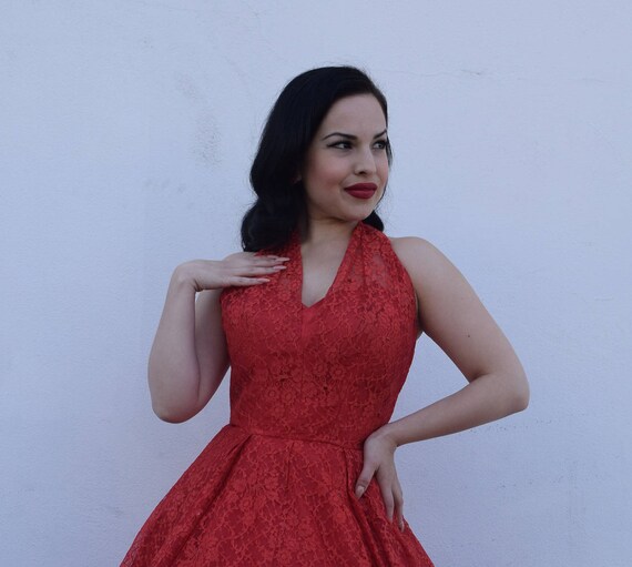 1950s Dress Red Lace Halter Neck Holiday Pinup Sm… - image 5