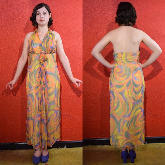 1970s Silk Chiffon Dress Psychedelic Swirl Haltern
