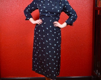 1940s Rayon Print Dress Long Sleeve Large