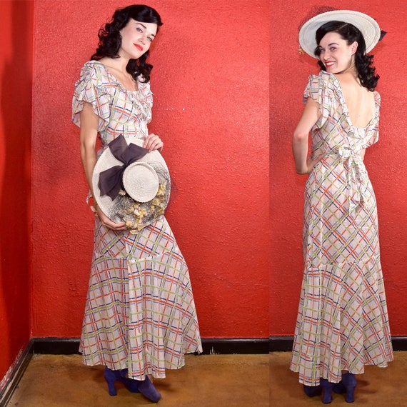 1930s Cotton Plaid Day Dress Ruffle Trim