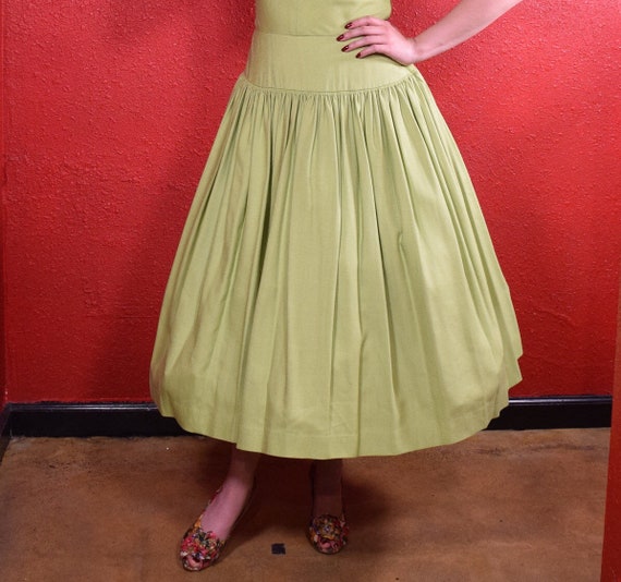 1950s Lime Green Cotton Full Skirt Dress Soutache… - image 3