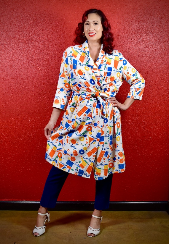 1950s Abstract Print Terry Cloth Wrap Coat or Robe