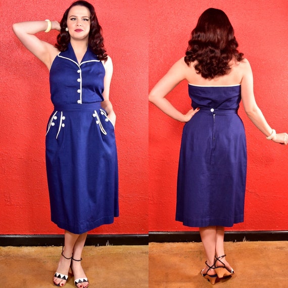 1940s 50s Blue & White Halter Neck Dress Top and S