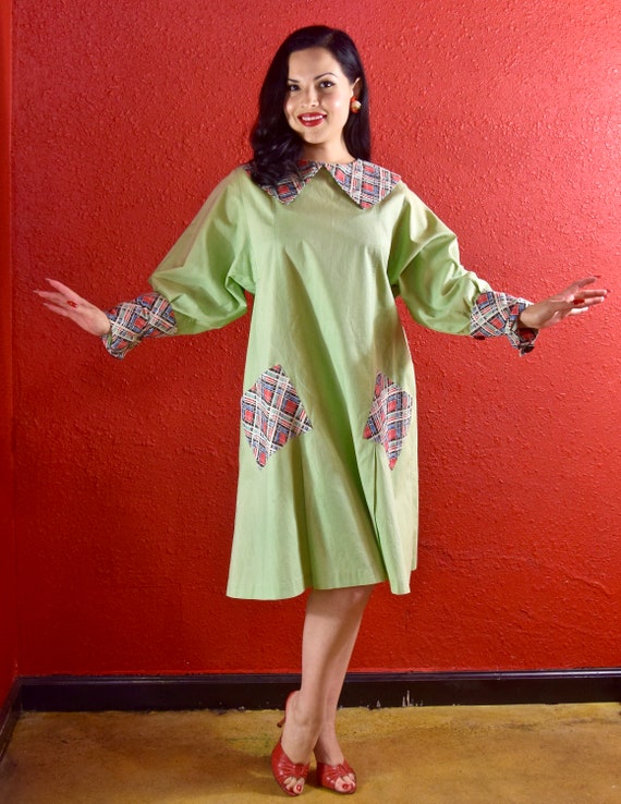 1920s Dress Cotton Smock Plaid Details
