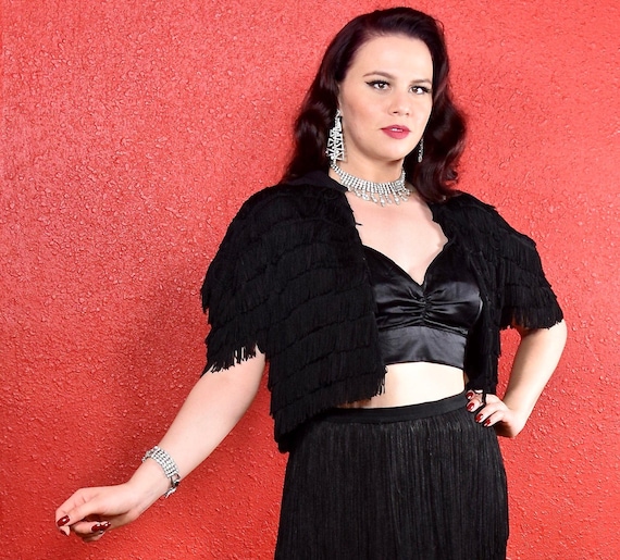 1940s Black Fringe Crepe Bolero