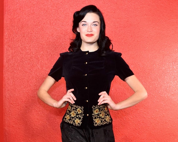 1940s Velvet Blouse with Gold Soutache & Rhineston