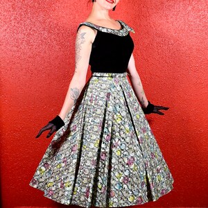 1950s Multicolor Velvet & Paper Taffeta Print Circle Dress image 5