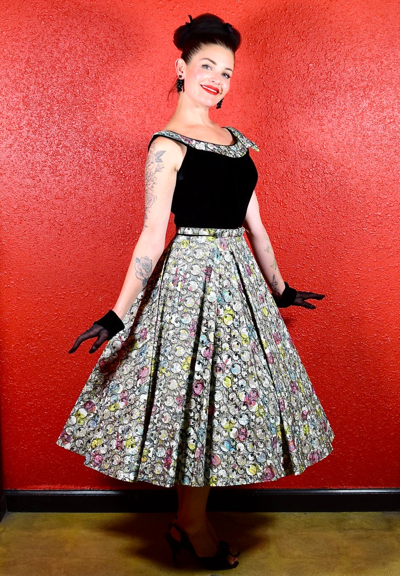 1950s Multicolor Velvet & Paper Taffeta Print Circle Dress image 5