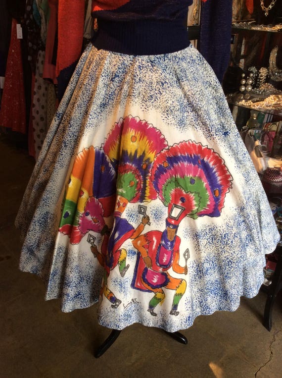 Sale 1950s Mexican Skirt Hand Painted Cotton Aztec