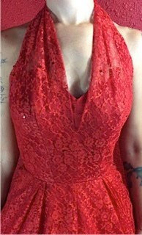 1950s Dress Red Lace Halter Neck Holiday Pinup Sm… - image 8