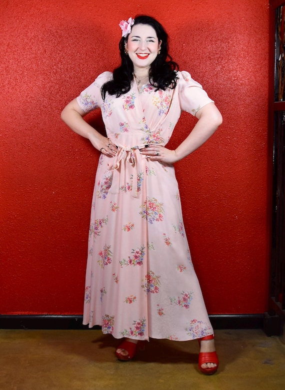 1930s 40s Rayon Pink Floral Lounge Gown