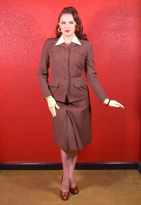 1940s Brown Wool Fitted Suit Two Piece Skirt Suit