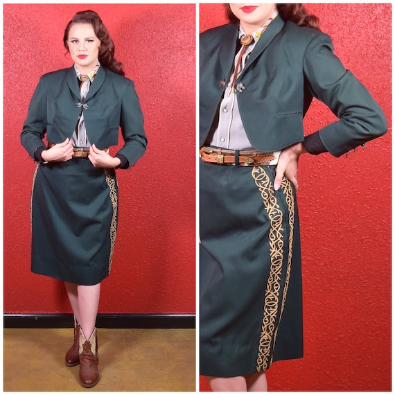 1940s Western Green Wool Skirt Suit Special Appliq