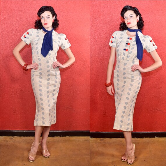 1930s Polka Dot Woven Cotton Day Dress Small
