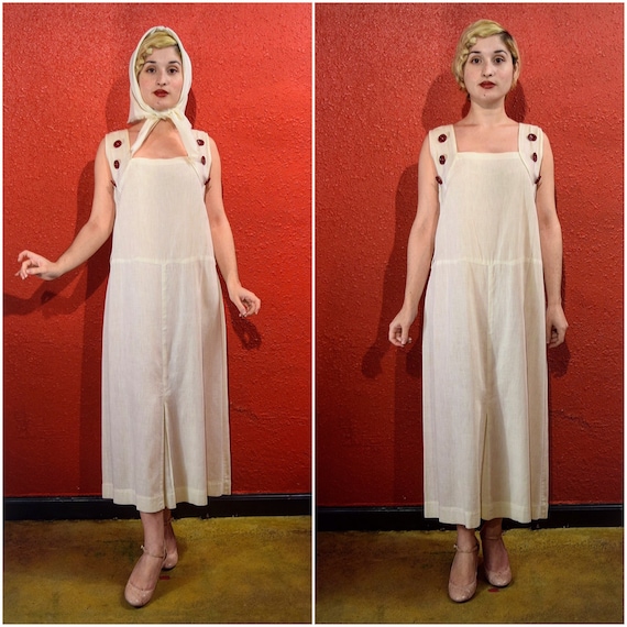 1920s White Dress Ribbed Cotton Chemise