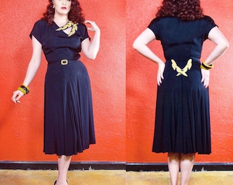 1940s Black Crepe Dress Soutache Detail Keyhole Neckline