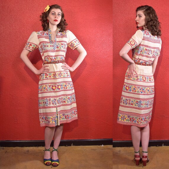 1930s Linen Print Dress Puff Pleat Sleeves