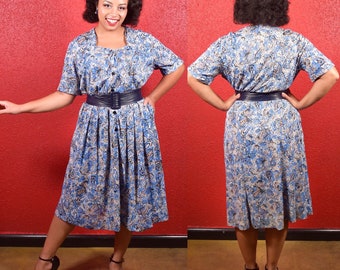 Sale 1940s XL Blue Rayon Jersey Paisley Print Dress