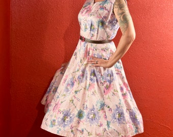 1950s Large Floral Cotton Dress Fit and Flare L XL