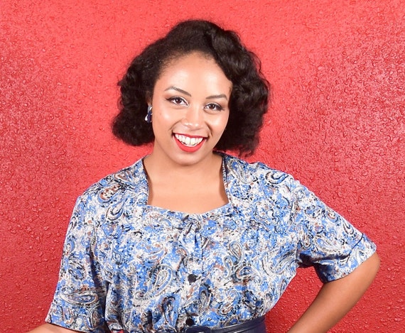 1940s Blue Paisley XL Rayon Jersey Dress - Shirtw… - image 4