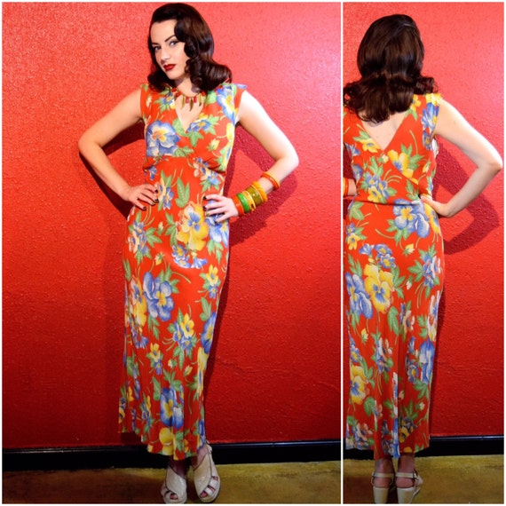 1940s Rayon Hawaiian Dress Bias Cut Tropical Print