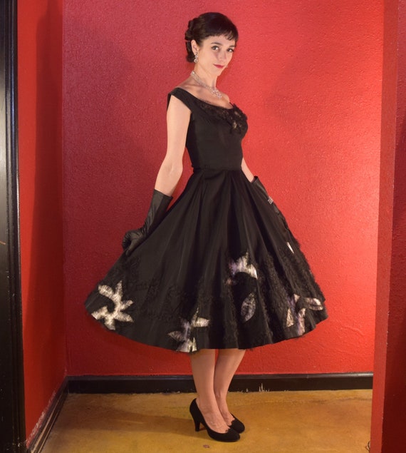 1950s Dress Black XS Faille Fit and Flare - image 2
