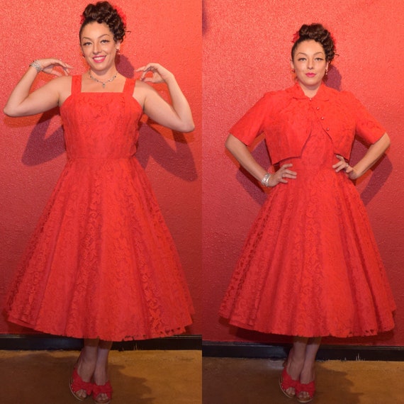 1950s Red Lace Dress Large with Bolero and Circle