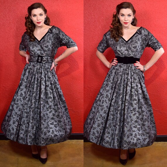 1950s Dress Silver and Black Butterfly Print & Ap… - image 1